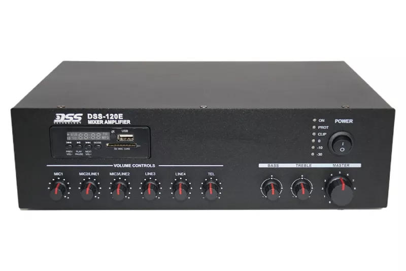 DSS-120E микшер-усилитель 120 Вт/100В, MP3, FM, Bluetooth, SD DSS-120E микшер-усилитель 120 Вт/100В, MP3, FM, Bluetooth, SD
